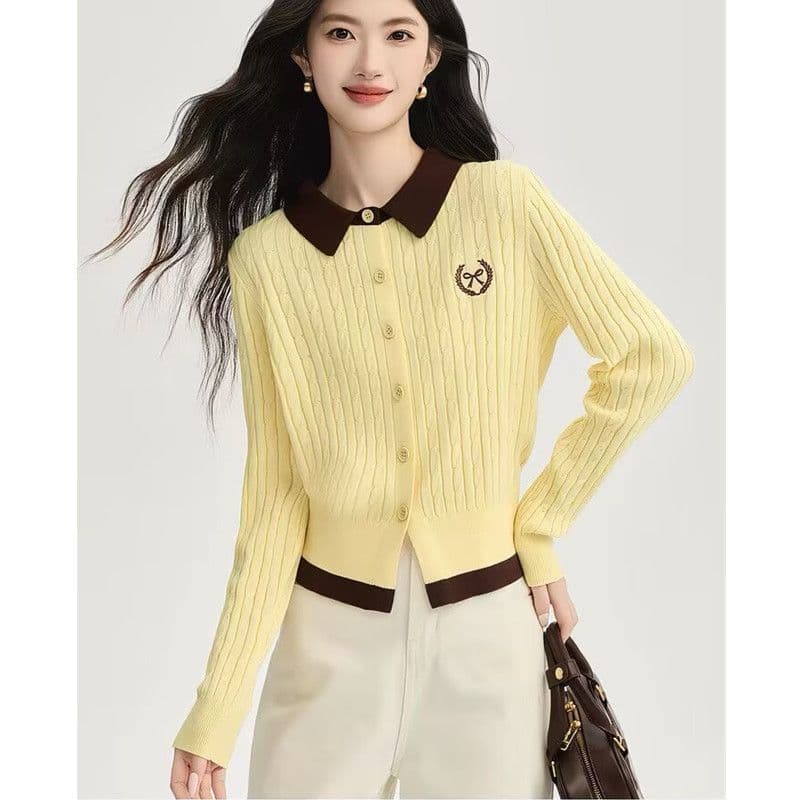 페이크 레이어드 배색 POLO 칼라 니트 오픈 가디건 맨위 여성 봄 가을 새로운 구덩이 기사 꽈배기 스웨터 기본 셔츠 맨위 상세 이미지 19