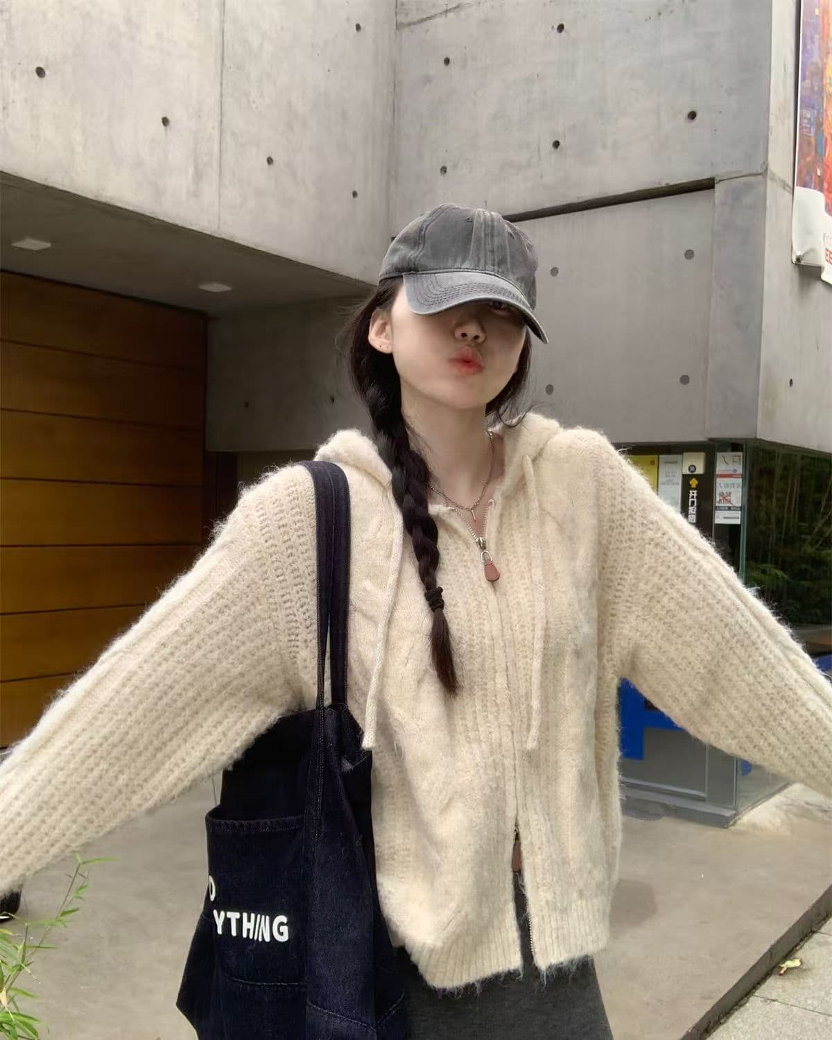 가을 겨울 패션 꽈배기 더블 지퍼 후드 니트 오픈 가디건 루즈핏 재킷 슬림해 보이는 다용도 한국 스타일 품격 스웨터 여자 상세 이미지 9