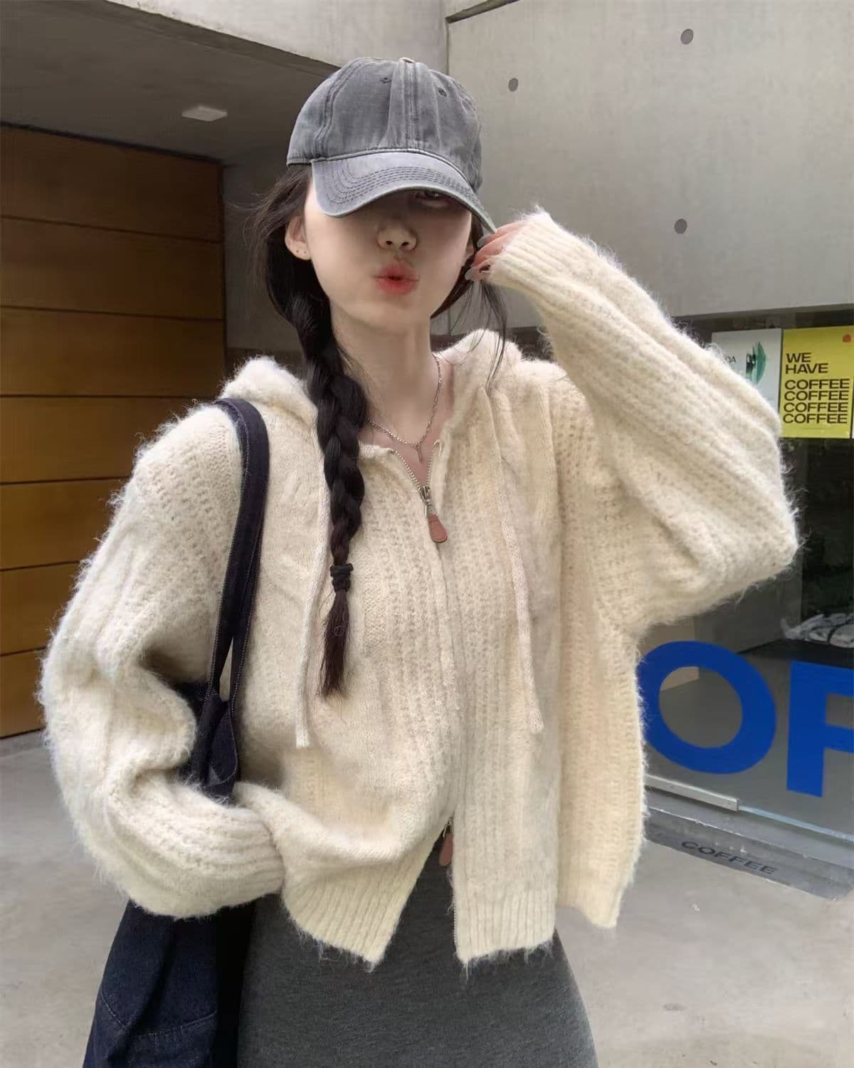 가을 겨울 패션 꽈배기 더블 지퍼 후드 니트 오픈 가디건 루즈핏 재킷 슬림해 보이는 다용도 한국 스타일 품격 스웨터 여자 상세 이미지 13