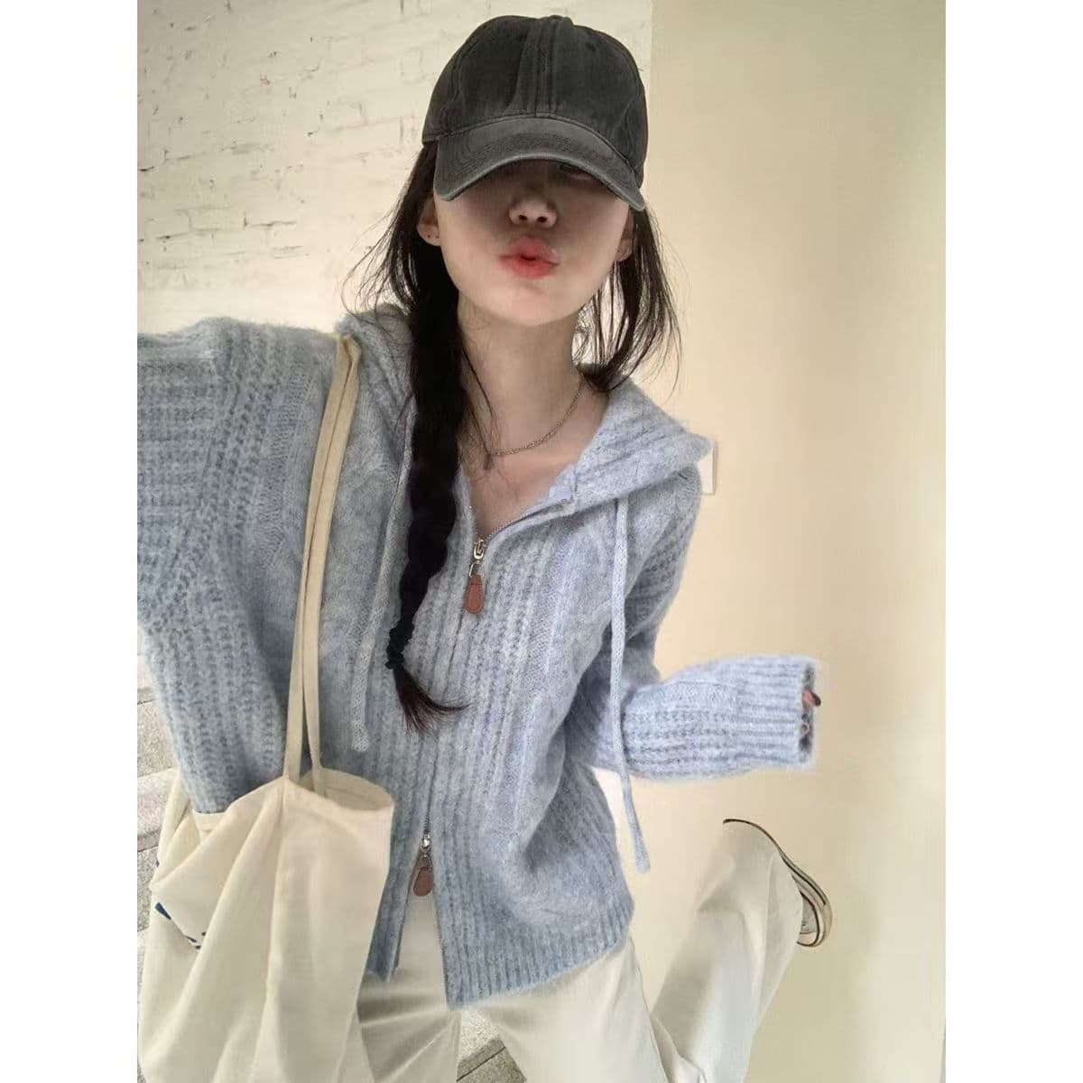 가을 겨울 패션 꽈배기 더블 지퍼 후드 니트 오픈 가디건 루즈핏 재킷 슬림해 보이는 다용도 한국 스타일 품격 스웨터 여자 상세 이미지 26