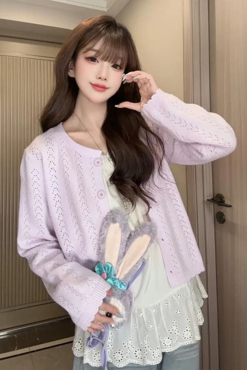 한국 스타일 부드러운 바람 홀로우 아웃 니트 오픈 가디건 여성 봄 가을 패션 학원 스타일 슬림해 보이는 다용도 부드러운 찹쌀 연령 감소 맨위 여성 이미지 6