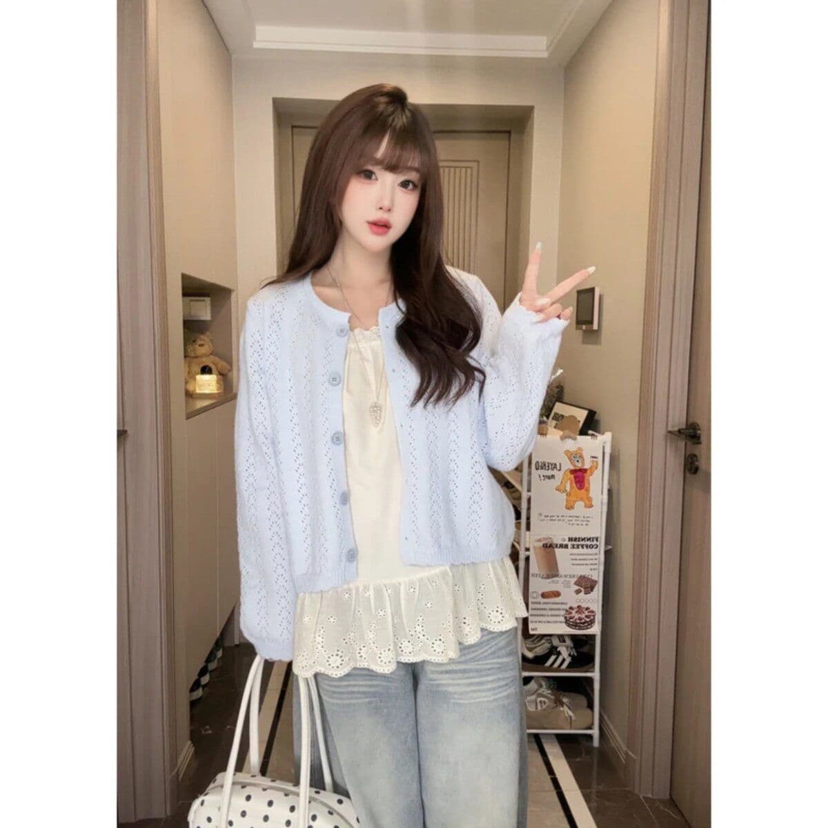 한국 스타일 부드러운 바람 홀로우 아웃 니트 오픈 가디건 여성 봄 가을 패션 학원 스타일 슬림해 보이는 다용도 부드러운 찹쌀 연령 감소 맨위 여성 상세 이미지 23