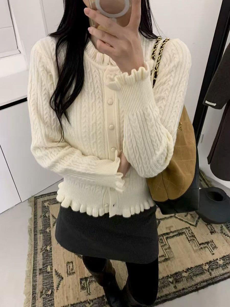 프랑스식 연령 감소 프릴 새로운 스웨터 두꺼운 니트 스웨터 여성 봄 가을 슬림해 보이는 루즈핏 꽈배기 재킷 맨위 이미지 4