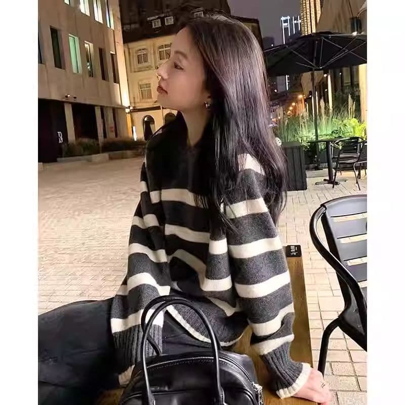 후드 스웨터 가을 겨울 새로운 스트라이프 루즈핏 풀오버 학원 한 부서 니트 스웨터 스웨터 느긋한 맨위 여성 상세 이미지 2