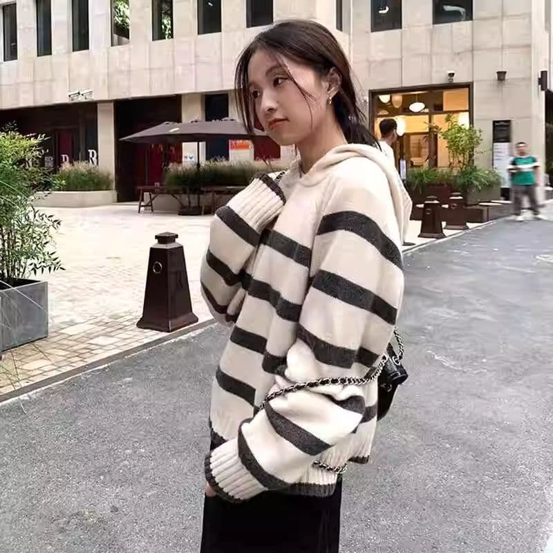 후드 스웨터 가을 겨울 새로운 스트라이프 루즈핏 풀오버 학원 한 부서 니트 스웨터 스웨터 느긋한 맨위 여성 상세 이미지 4