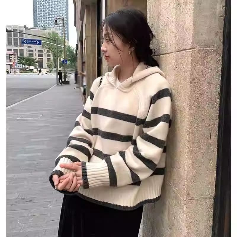 후드 스웨터 가을 겨울 새로운 스트라이프 루즈핏 풀오버 학원 한 부서 니트 스웨터 스웨터 느긋한 맨위 여성 상세 이미지 14