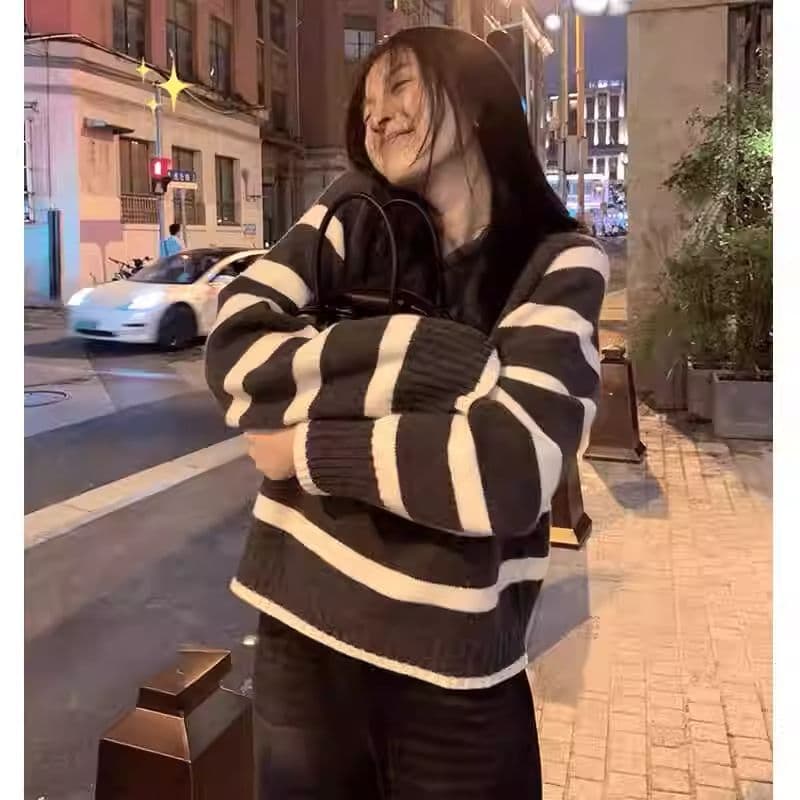 후드 스웨터 가을 겨울 새로운 스트라이프 루즈핏 풀오버 학원 한 부서 니트 스웨터 스웨터 느긋한 맨위 여성 상세 이미지 16