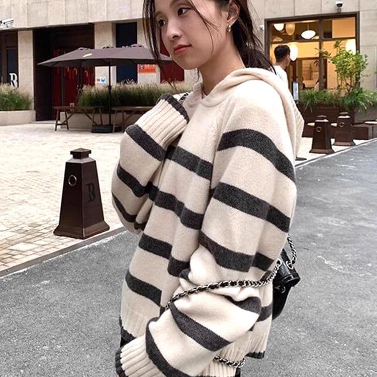 후드 스웨터 가을 겨울 새로운 스트라이프 루즈핏 풀오버 학원 한 부서 니트 스웨터 스웨터 느긋한 맨위 여성 상세 이미지 17