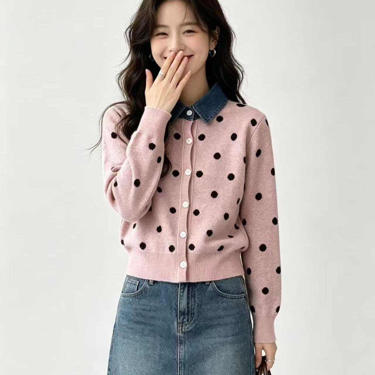 항구 바람 레트로 도트 무늬 페이크 레이어드 데님 패치워크 POLO 칼라 패션 니트 스웨터 부드러운 찹쌀 연령 감소 스웨터 여성 코트 이미지 5