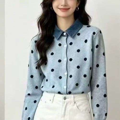 항구 바람 레트로 도트 무늬 페이크 레이어드 데님 패치워크 POLO 칼라 패션 니트 스웨터 부드러운 찹쌀 연령 감소 스웨터 여성 코트 상세 이미지 5