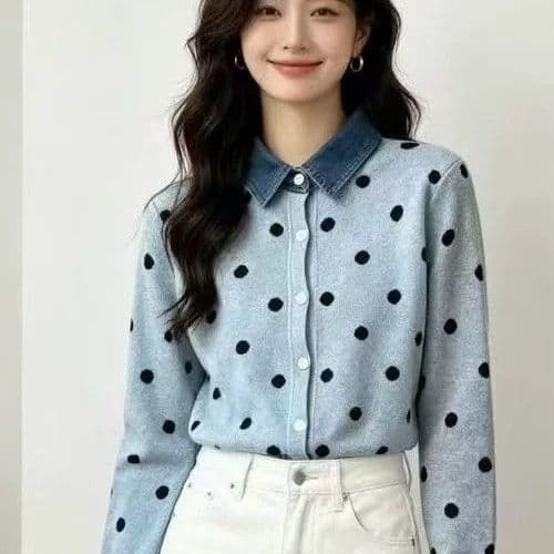 항구 바람 레트로 도트 무늬 페이크 레이어드 데님 패치워크 POLO 칼라 패션 니트 스웨터 부드러운 찹쌀 연령 감소 스웨터 여성 코트 상세 이미지 7
