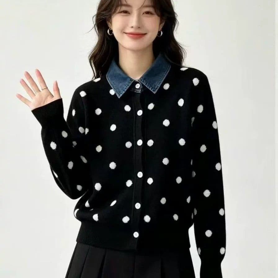 항구 바람 레트로 도트 무늬 페이크 레이어드 데님 패치워크 POLO 칼라 패션 니트 스웨터 부드러운 찹쌀 연령 감소 스웨터 여성 코트 상세 이미지 13