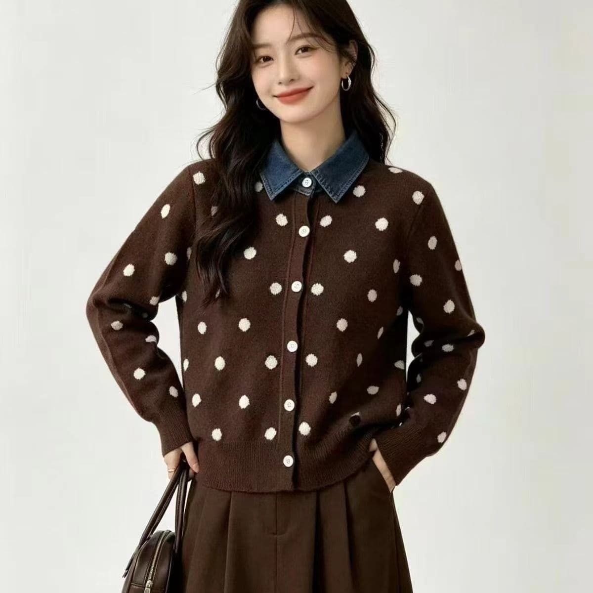 항구 바람 레트로 도트 무늬 페이크 레이어드 데님 패치워크 POLO 칼라 패션 니트 스웨터 부드러운 찹쌀 연령 감소 스웨터 여성 코트 상세 이미지 14