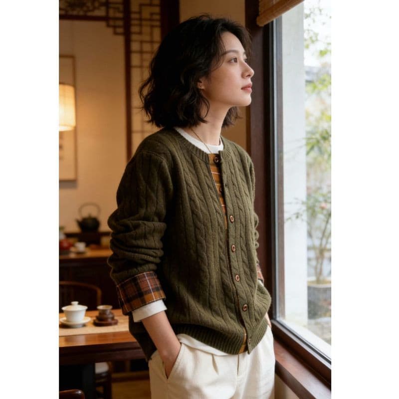 레트로 꽈배기 클래식 중식 체크무늬 패치워크 가을 겨울철 꽈배기 두 조각 몸매 가꾸기 슬림해 보이는 다용도 니트 여성 오픈 가디건 상세 이미지 5