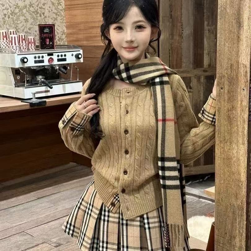 레트로 꽈배기 클래식 중식 체크무늬 패치워크 가을 겨울철 꽈배기 두 조각 몸매 가꾸기 슬림해 보이는 다용도 니트 여성 오픈 가디건 상세 이미지 6