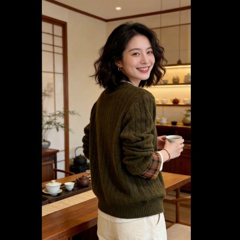 레트로 꽈배기 클래식 중식 체크무늬 패치워크 가을 겨울철 꽈배기 두 조각 몸매 가꾸기 슬림해 보이는 다용도 니트 여성 오픈 가디건 상세 이미지 8
