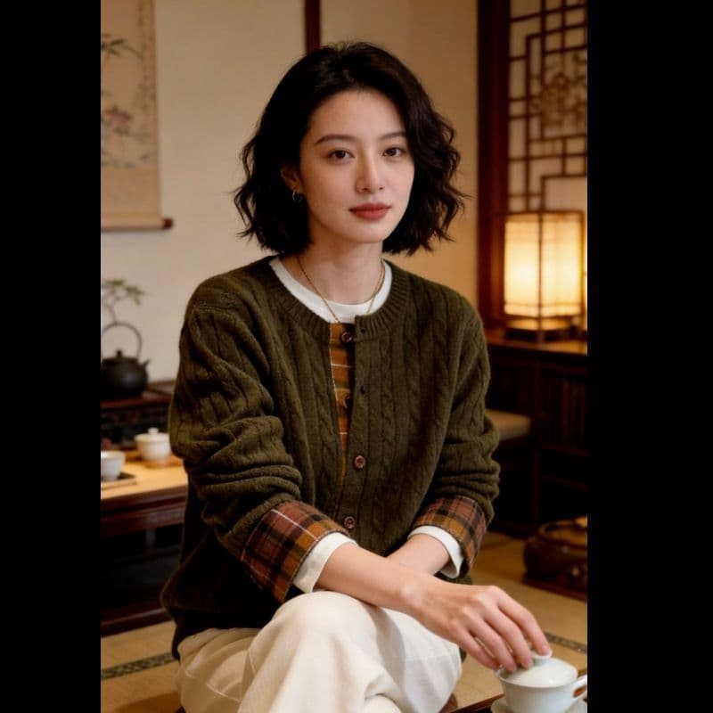 레트로 꽈배기 클래식 중식 체크무늬 패치워크 가을 겨울철 꽈배기 두 조각 몸매 가꾸기 슬림해 보이는 다용도 니트 여성 오픈 가디건 상세 이미지 12