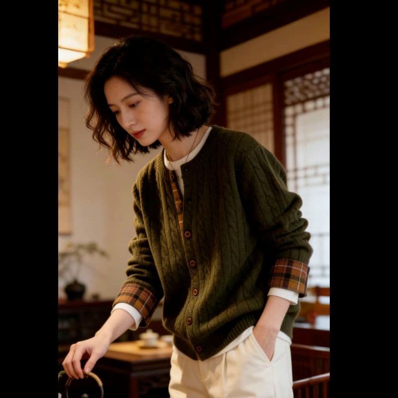 레트로 꽈배기 클래식 중식 체크무늬 패치워크 가을 겨울철 꽈배기 두 조각 몸매 가꾸기 슬림해 보이는 다용도 니트 여성 오픈 가디건 상세 이미지 14
