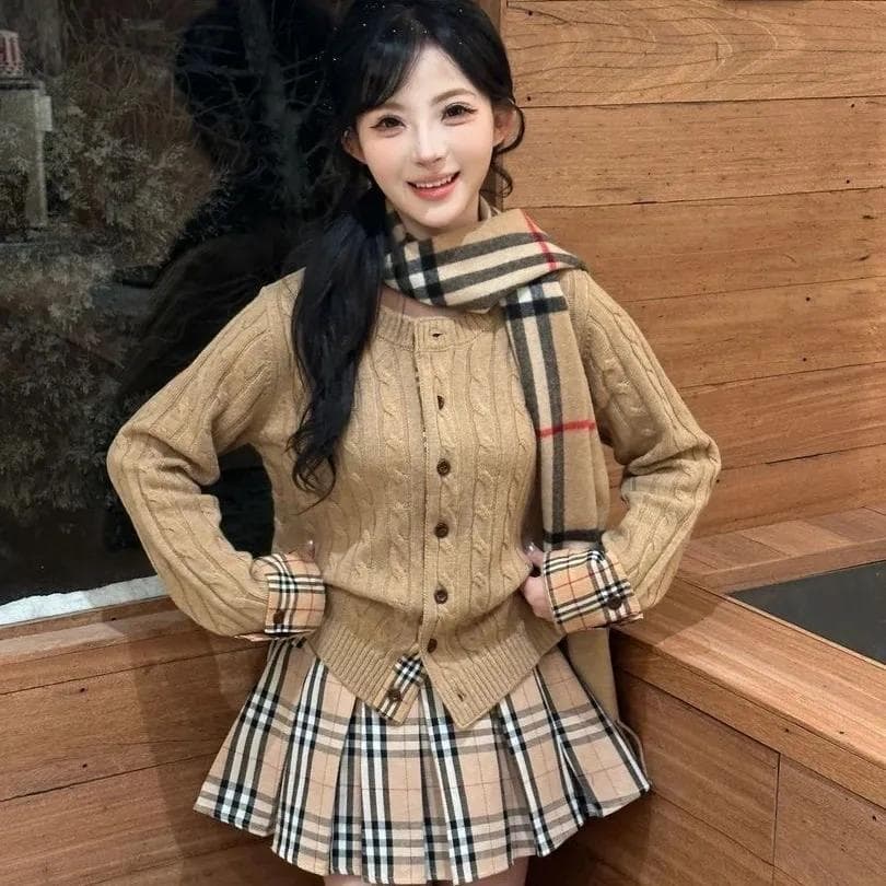 레트로 꽈배기 클래식 중식 체크무늬 패치워크 가을 겨울철 꽈배기 두 조각 몸매 가꾸기 슬림해 보이는 다용도 니트 여성 오픈 가디건 상세 이미지 15