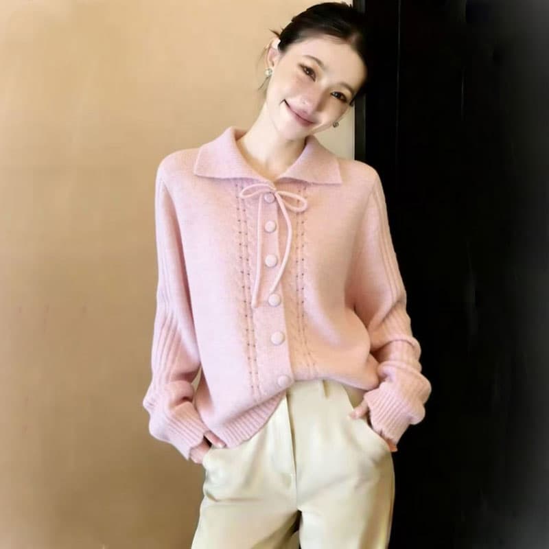 나비 넥타이 긍정적 인 어깨 폴로 칼라 스웨터 여성 코트 가을 겨울 루즈핏 느긋한 부드러운 찹쌀 두꺼운 니트 오픈 가디건 맨위 이미지 2