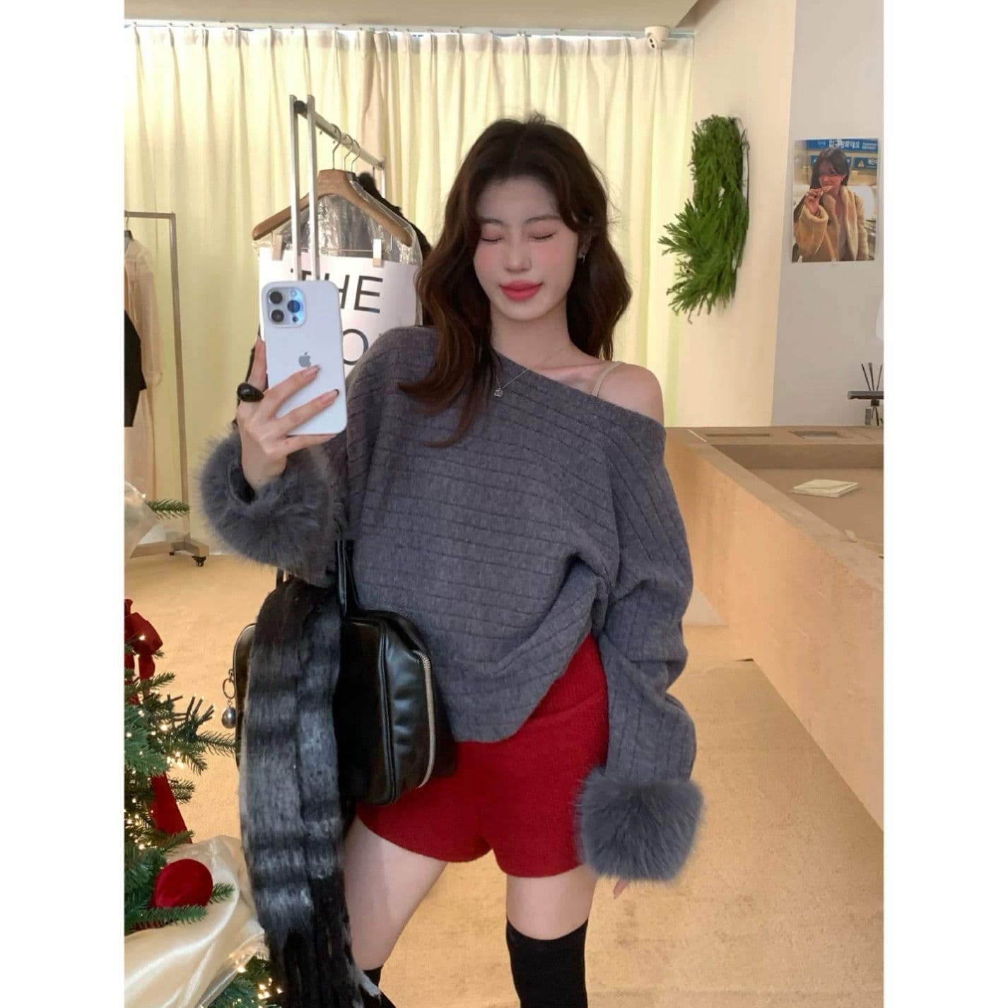 보트넥 패션 털 머리 소매 고급 센스 새로운 한국 스타일 캐주얼 느긋한 바람 아름다운 부드러운 찹쌀 품격 루즈핏 스웨터 이미지 3