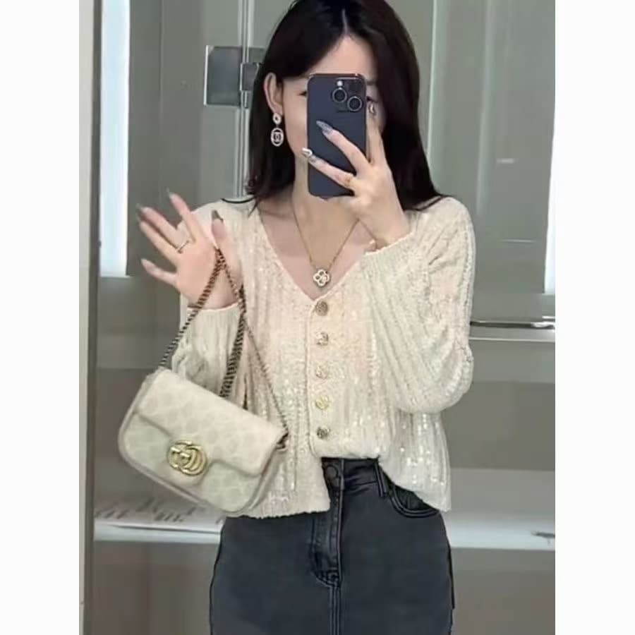 프랑스식 패션 구슬 조각 홀로우 아웃 긴팔 니트 스웨터 여성 봄 가을 다용도 연령 감소 슬림해 보이는 외국 가스 다용도 맨위 여성 상세 이미지 5