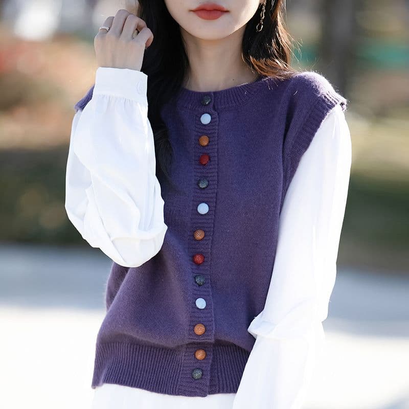 봄 가을 새로운 패션 연령 감소 약화 된 양모 라운드 넥 니트 오픈 가디건 색상 버클 패치워크 색상 루즈핏 페이크 레이어드 맨위 여성