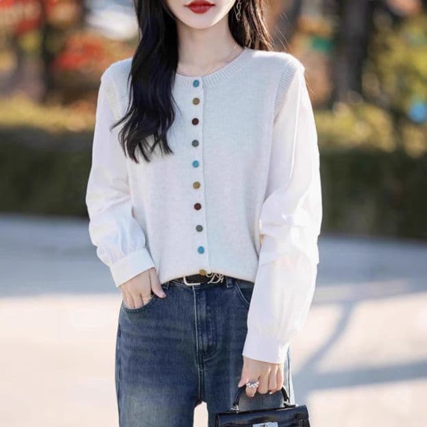 봄 가을 새로운 패션 연령 감소 약화 된 양모 라운드 넥 니트 오픈 가디건 색상 버클 패치워크 색상 루즈핏 페이크 레이어드 맨위 여성 이미지 4