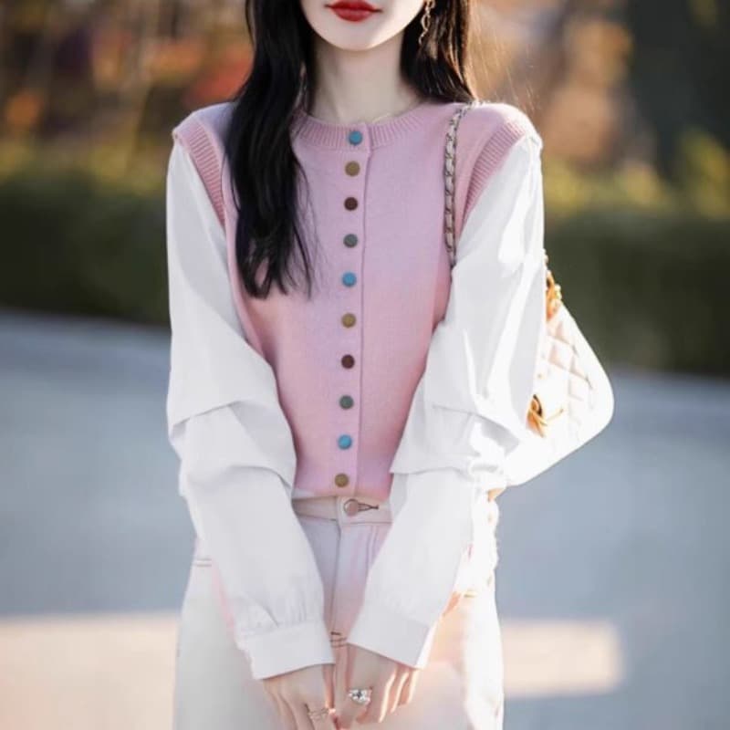 봄 가을 새로운 패션 연령 감소 약화 된 양모 라운드 넥 니트 오픈 가디건 색상 버클 패치워크 색상 루즈핏 페이크 레이어드 맨위 여성 이미지 5