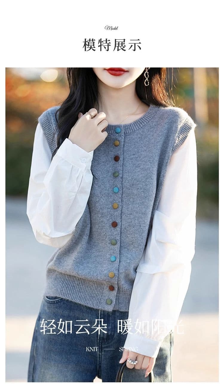 봄 가을 새로운 패션 연령 감소 약화 된 양모 라운드 넥 니트 오픈 가디건 색상 버클 패치워크 색상 루즈핏 페이크 레이어드 맨위 여성 상세 이미지 11