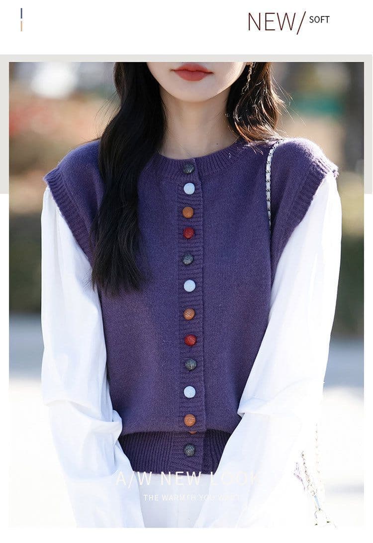 봄 가을 새로운 패션 연령 감소 약화 된 양모 라운드 넥 니트 오픈 가디건 색상 버클 패치워크 색상 루즈핏 페이크 레이어드 맨위 여성 상세 이미지 12