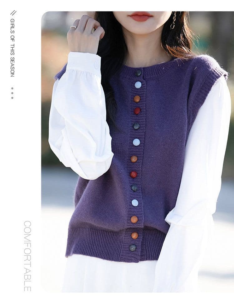 봄 가을 새로운 패션 연령 감소 약화 된 양모 라운드 넥 니트 오픈 가디건 색상 버클 패치워크 색상 루즈핏 페이크 레이어드 맨위 여성 상세 이미지 14