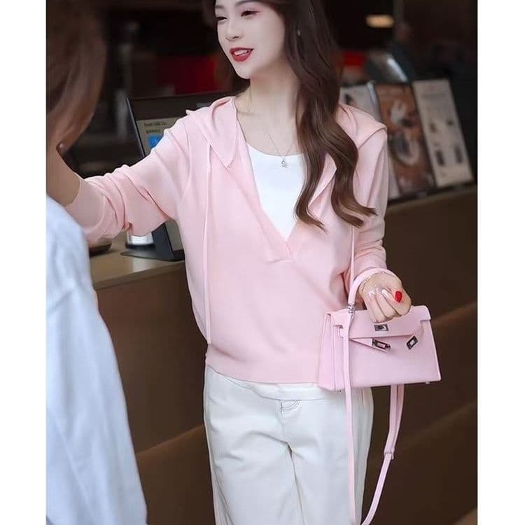 한 부서 배색 페이크 레이어드 후드 두꺼운 니트 스웨터 여성 이른 가을 캐주얼 다용도 느긋한 바람 고급 센스 맨위 여성 이미지 4