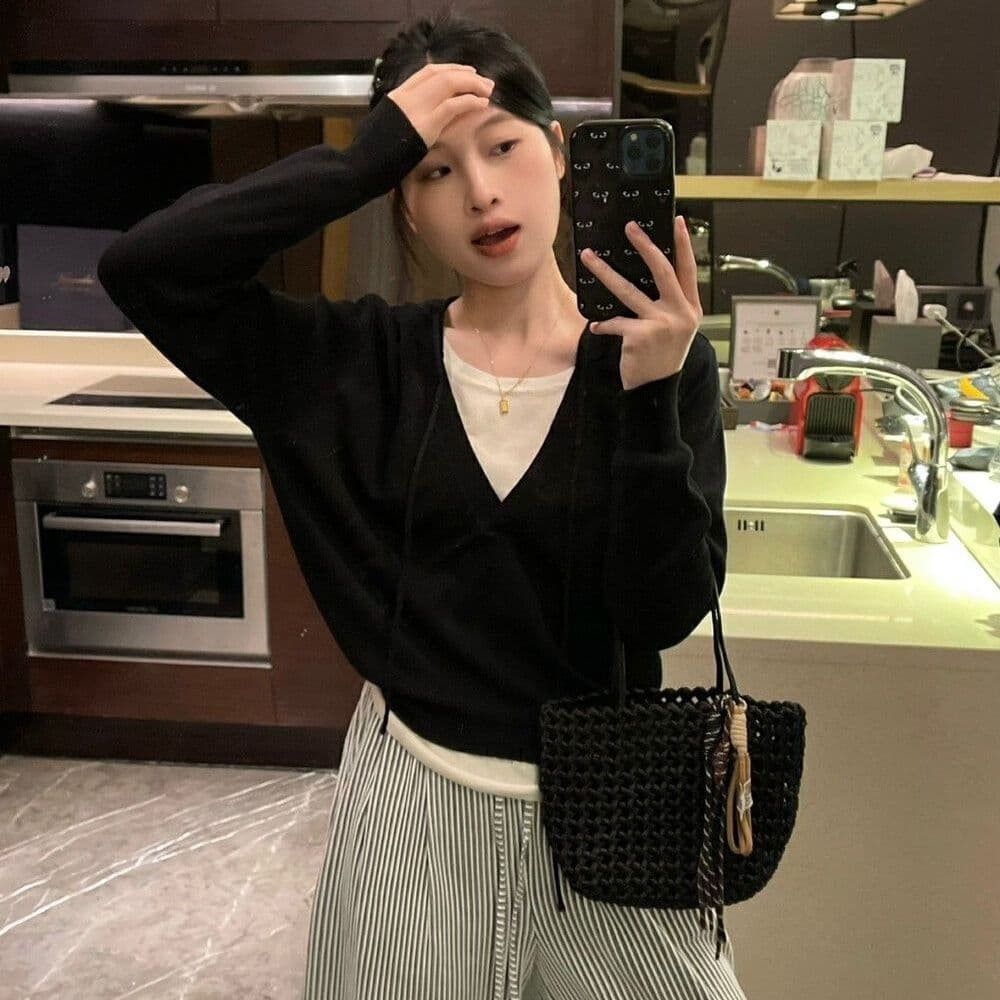 한 부서 배색 페이크 레이어드 후드 두꺼운 니트 스웨터 여성 이른 가을 캐주얼 다용도 느긋한 바람 고급 센스 맨위 여성 상세 이미지 4
