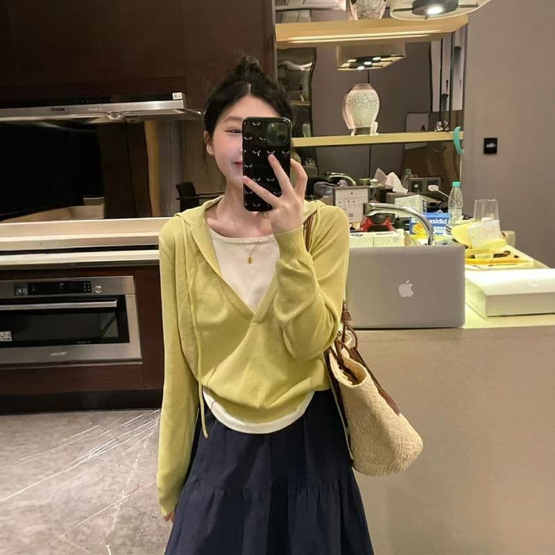 한 부서 배색 페이크 레이어드 후드 두꺼운 니트 스웨터 여성 이른 가을 캐주얼 다용도 느긋한 바람 고급 센스 맨위 여성 상세 이미지 10