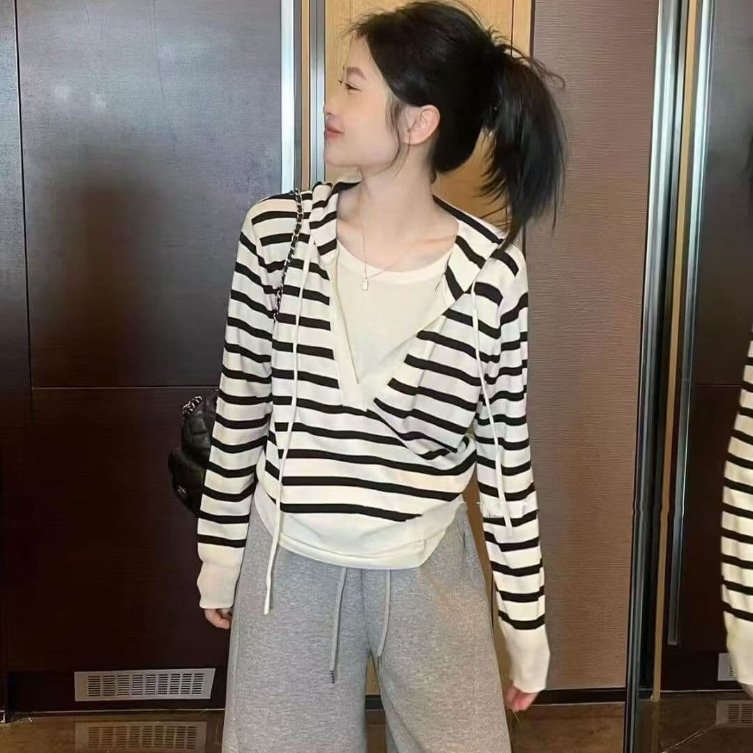한 부서 배색 페이크 레이어드 후드 두꺼운 니트 스웨터 여성 이른 가을 캐주얼 다용도 느긋한 바람 고급 센스 맨위 여성 상세 이미지 18