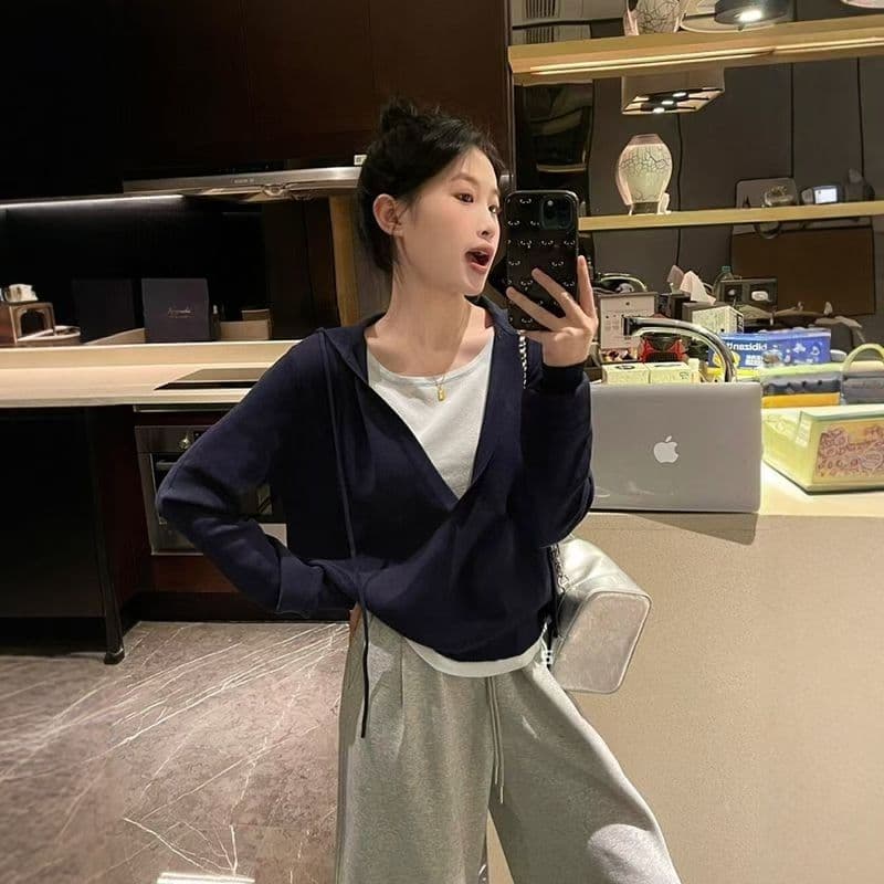 한 부서 배색 페이크 레이어드 후드 두꺼운 니트 스웨터 여성 이른 가을 캐주얼 다용도 느긋한 바람 고급 센스 맨위 여성 상세 이미지 20