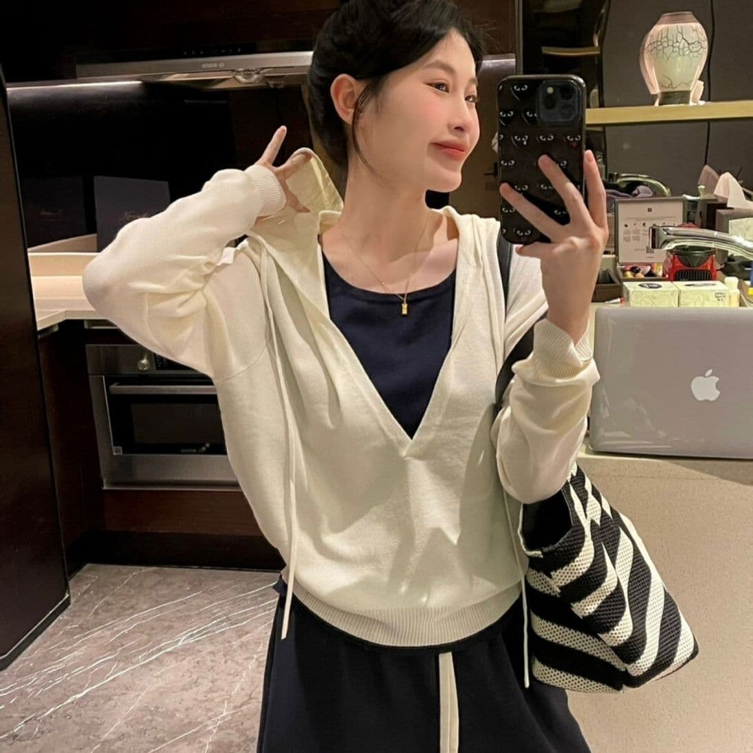 한 부서 배색 페이크 레이어드 후드 두꺼운 니트 스웨터 여성 이른 가을 캐주얼 다용도 느긋한 바람 고급 센스 맨위 여성 상세 이미지 24