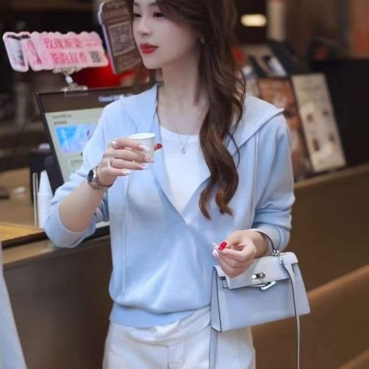 한 부서 배색 페이크 레이어드 후드 두꺼운 니트 스웨터 여성 이른 가을 캐주얼 다용도 느긋한 바람 고급 센스 맨위 여성 상세 이미지 26