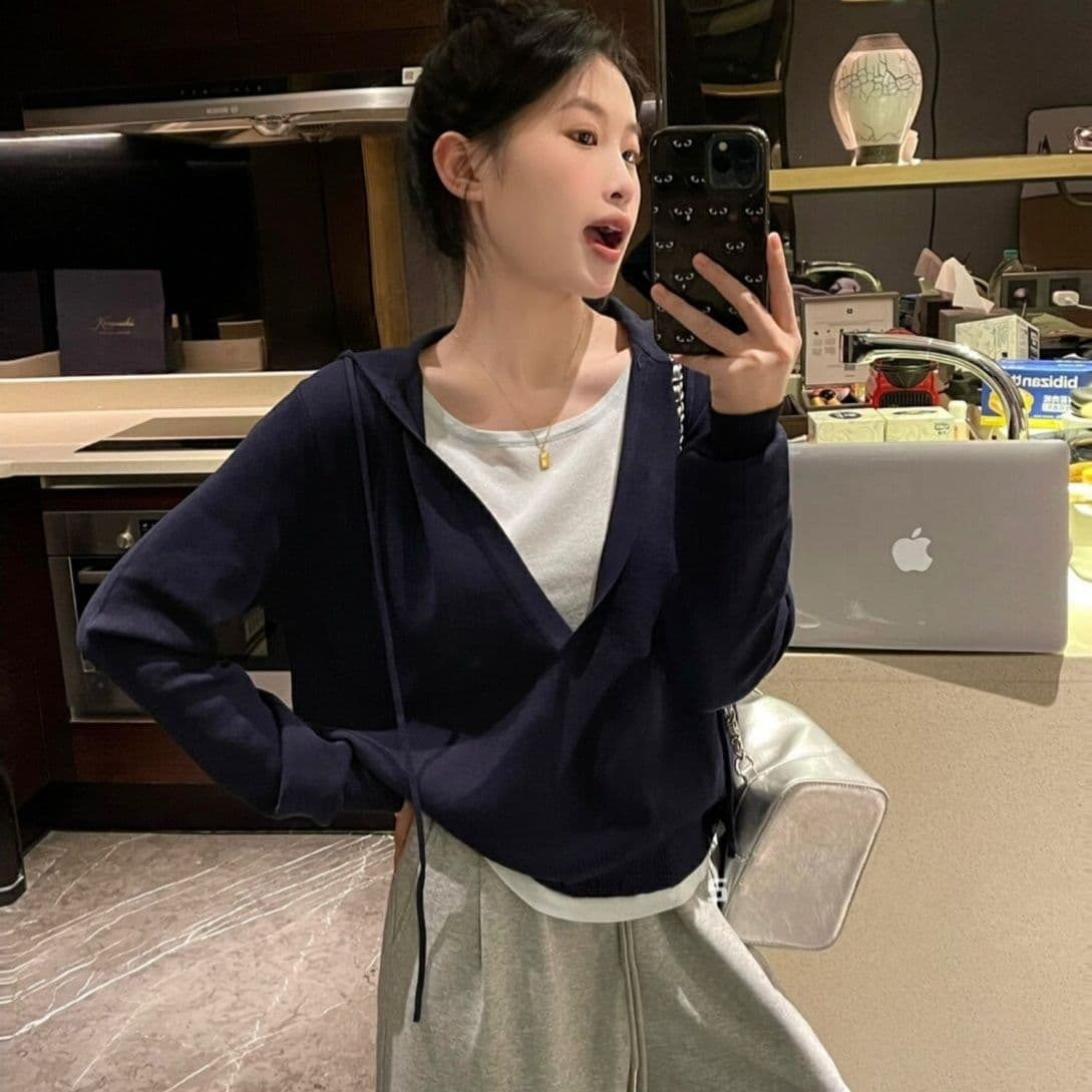 한 부서 배색 페이크 레이어드 후드 두꺼운 니트 스웨터 여성 이른 가을 캐주얼 다용도 느긋한 바람 고급 센스 맨위 여성 상세 이미지 28