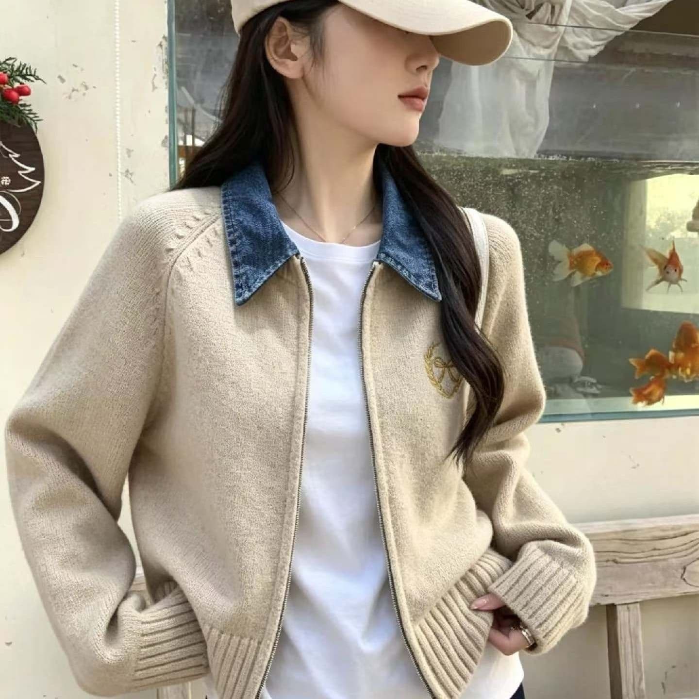 폴로 칼라 긴팔 데님 패치워크 더블 지퍼 두꺼운 니트 오픈 가디건 여성 가을 겨울 새로운 느긋한 바람 페이크 레이어드 여성 세트 상세 이미지 4