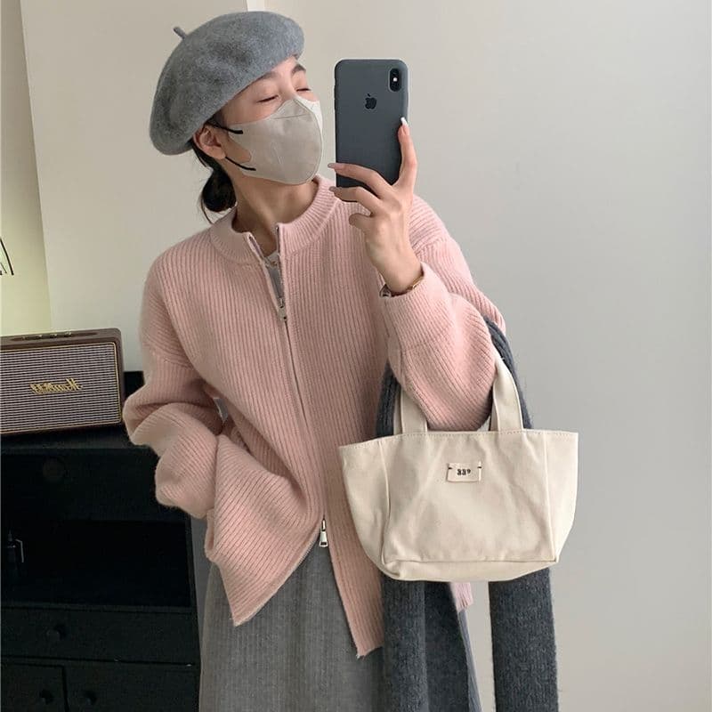 레트로 단색 느긋한 바람 양방향 지퍼 니트 스웨터 재킷 한 첨부 된 의류 루즈핏 품격 구덩이 기사 스웨터 오픈 가디건 이미지 3