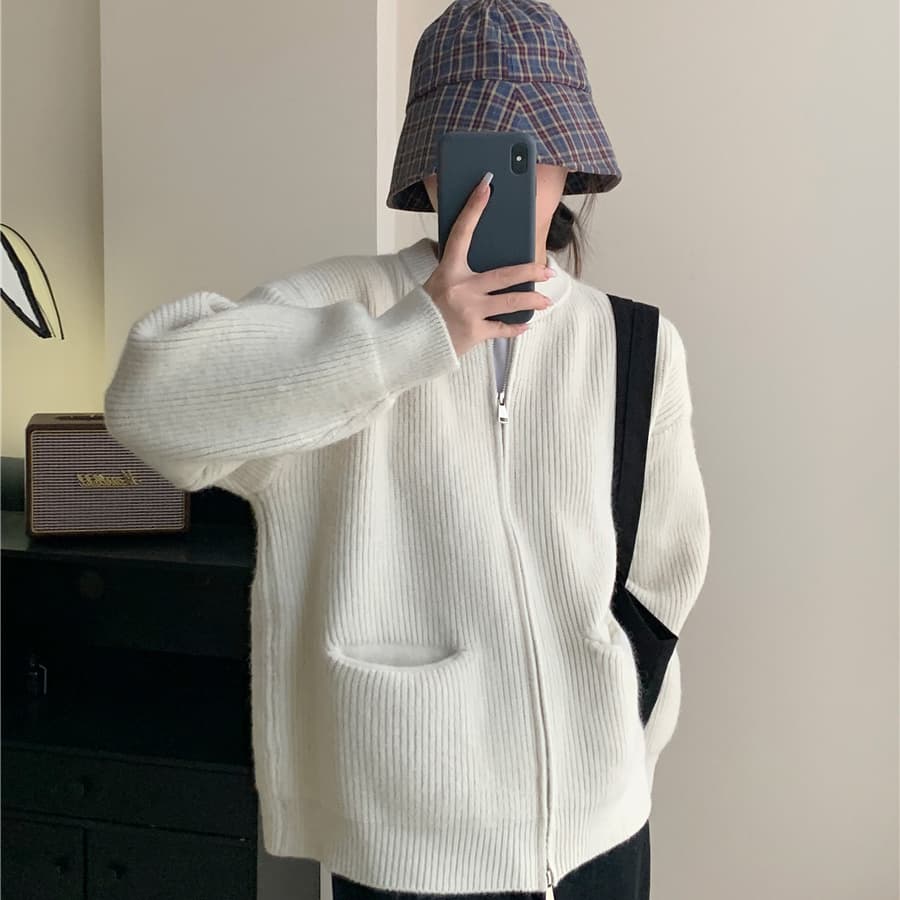 레트로 단색 느긋한 바람 양방향 지퍼 니트 스웨터 재킷 한 첨부 된 의류 루즈핏 품격 구덩이 기사 스웨터 오픈 가디건 이미지 5