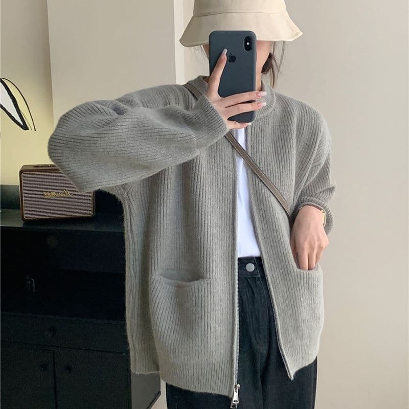 레트로 단색 느긋한 바람 양방향 지퍼 니트 스웨터 재킷 한 첨부 된 의류 루즈핏 품격 구덩이 기사 스웨터 오픈 가디건 상세 이미지 1
