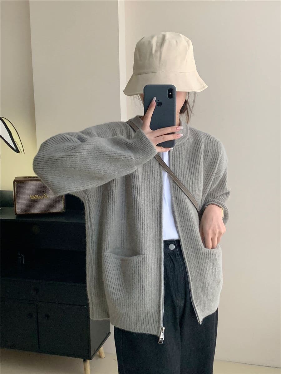 레트로 단색 느긋한 바람 양방향 지퍼 니트 스웨터 재킷 한 첨부 된 의류 루즈핏 품격 구덩이 기사 스웨터 오픈 가디건 상세 이미지 9