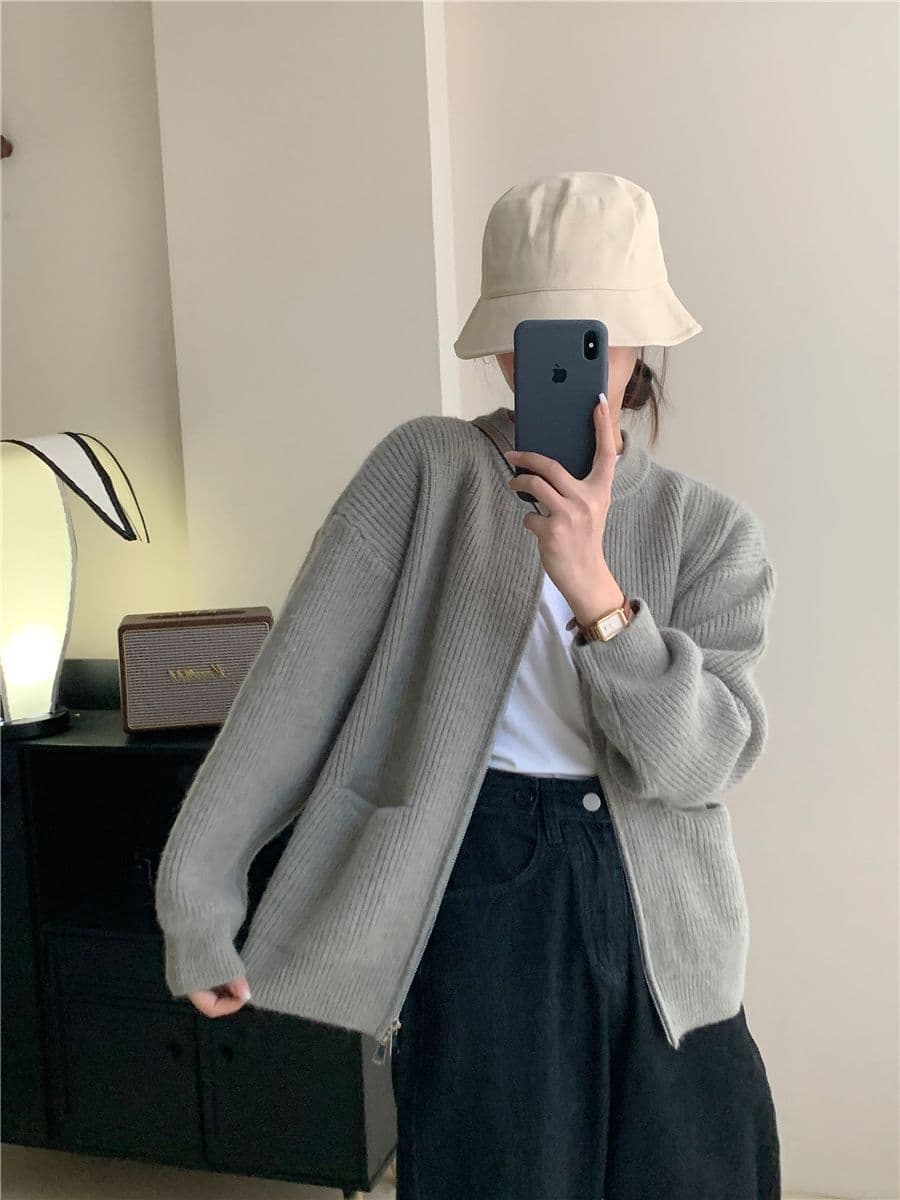 레트로 단색 느긋한 바람 양방향 지퍼 니트 스웨터 재킷 한 첨부 된 의류 루즈핏 품격 구덩이 기사 스웨터 오픈 가디건 상세 이미지 10