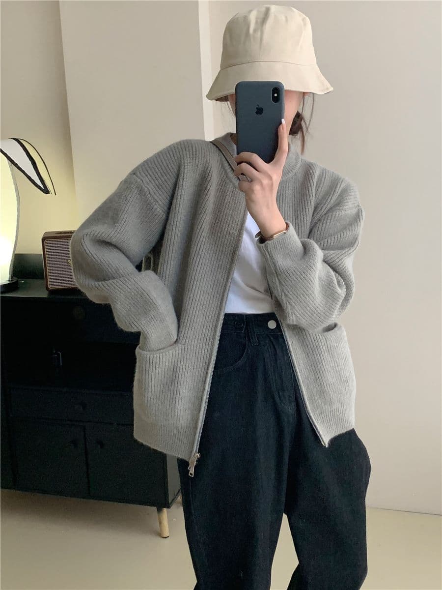 레트로 단색 느긋한 바람 양방향 지퍼 니트 스웨터 재킷 한 첨부 된 의류 루즈핏 품격 구덩이 기사 스웨터 오픈 가디건 상세 이미지 12