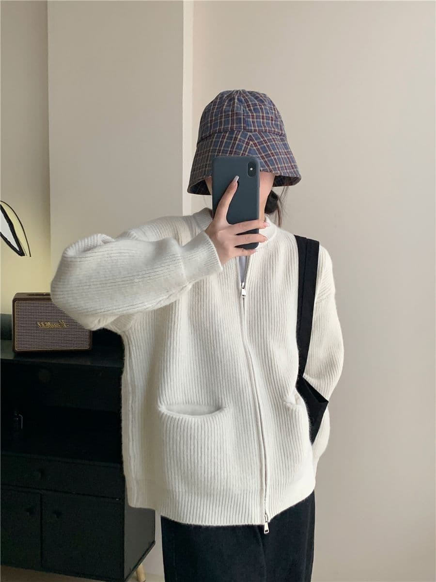 레트로 단색 느긋한 바람 양방향 지퍼 니트 스웨터 재킷 한 첨부 된 의류 루즈핏 품격 구덩이 기사 스웨터 오픈 가디건 상세 이미지 14
