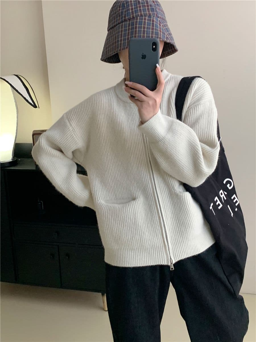 레트로 단색 느긋한 바람 양방향 지퍼 니트 스웨터 재킷 한 첨부 된 의류 루즈핏 품격 구덩이 기사 스웨터 오픈 가디건 상세 이미지 16