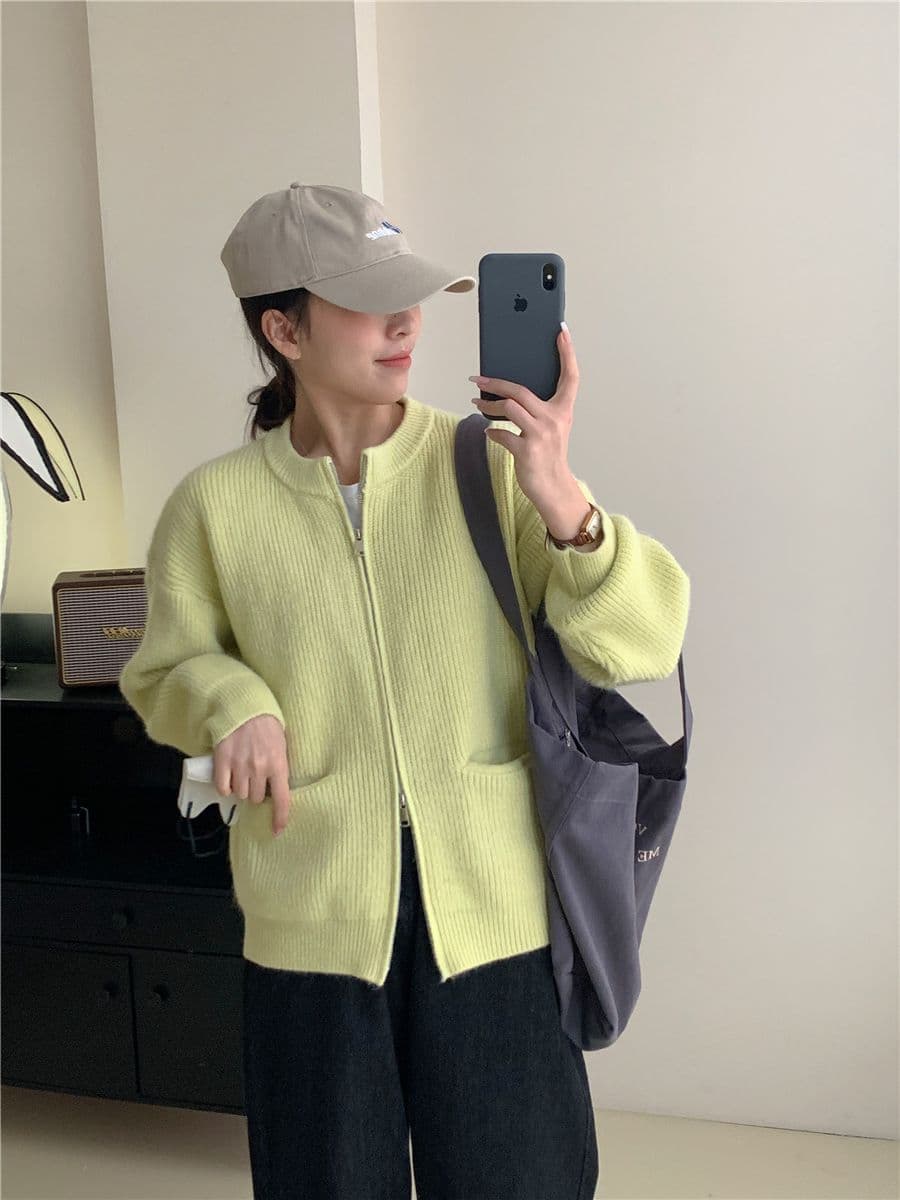레트로 단색 느긋한 바람 양방향 지퍼 니트 스웨터 재킷 한 첨부 된 의류 루즈핏 품격 구덩이 기사 스웨터 오픈 가디건 상세 이미지 20